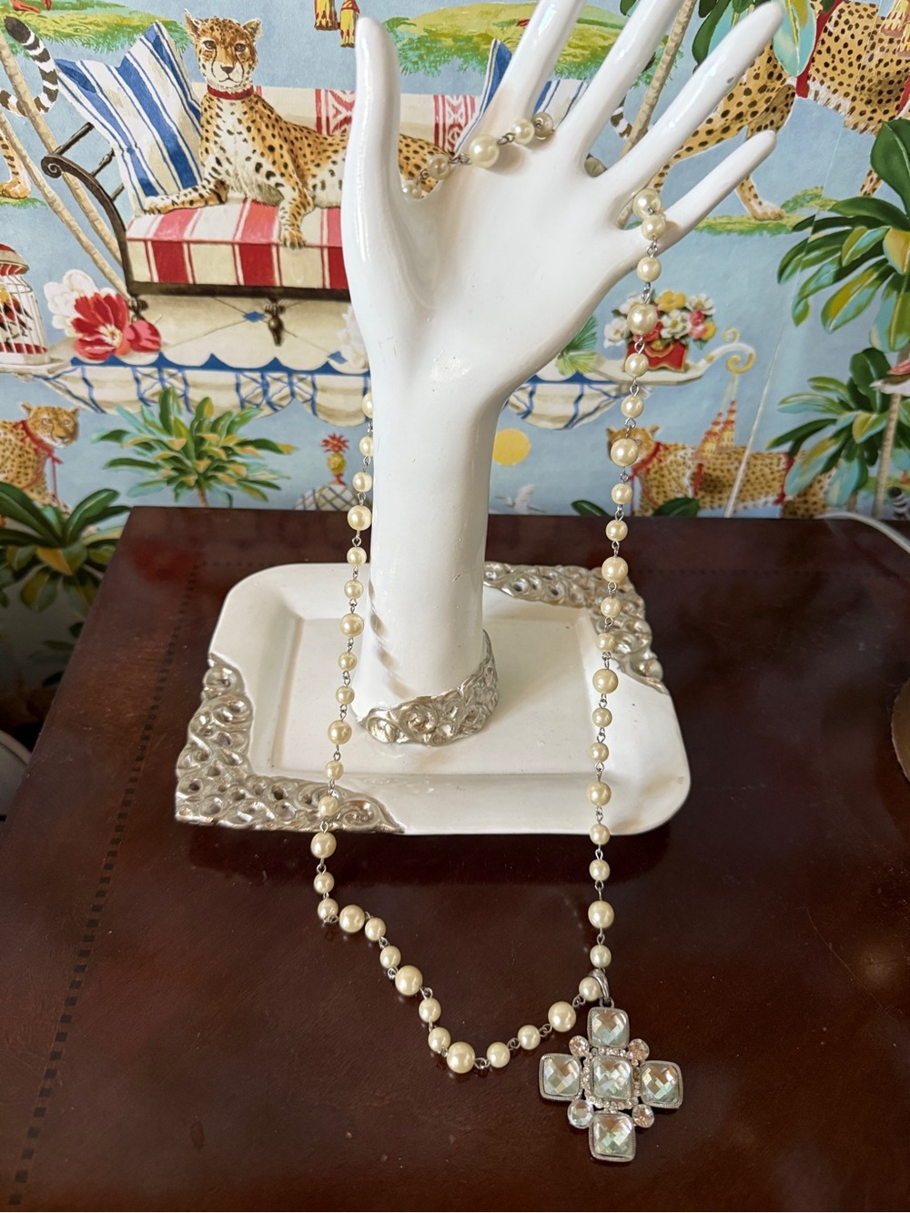 Faux Pearl and Crystal Cross Necklace